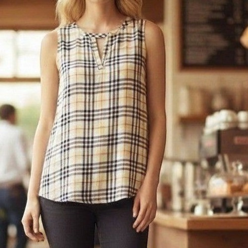 New York & Company Plaid Sleeveless Blouse Split Neck Knit Back Mixed Media